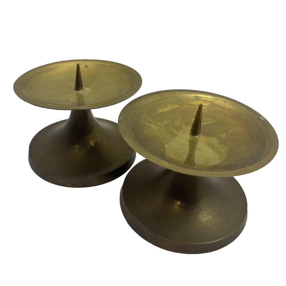 Vtg Set of 2 Brass Plate Candle Holders with Spike India